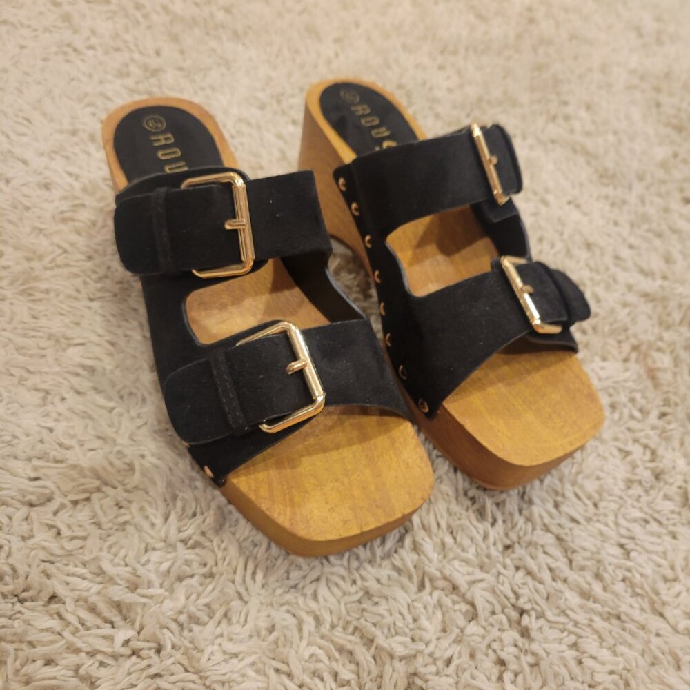 SOLD 👠New Black Wood Clog Wedge Platform Suede Buckle Sandal Shoe Slip On Sl💃 - Picture 7 of 10